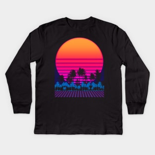 80s Vaporwave Palm Trees Sunset Kids Long Sleeve T-Shirt